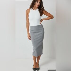 Back Slit Pencil Skirt - Stretch Rib Jersey Knit - Midi - Bodycon - Light Grey